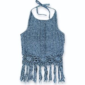 American Rag Cie Blue Denim Boho Crochet Open Knit Fringe Halter Top S Festival